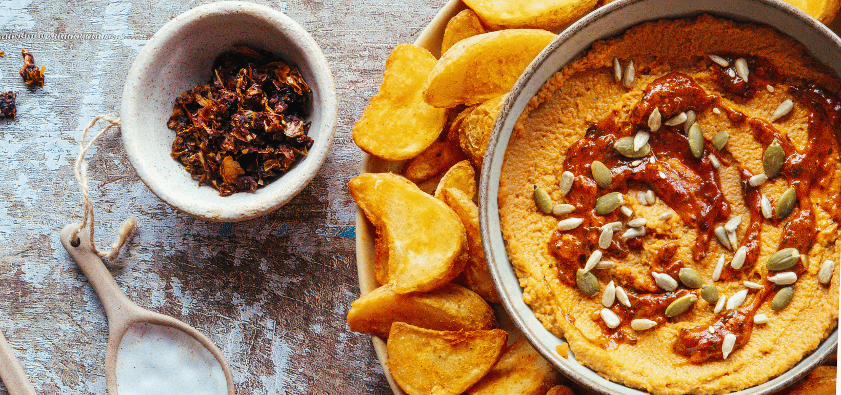 Spicy Pati Parts Tex Mex wedges with sun-dried tomato hummus