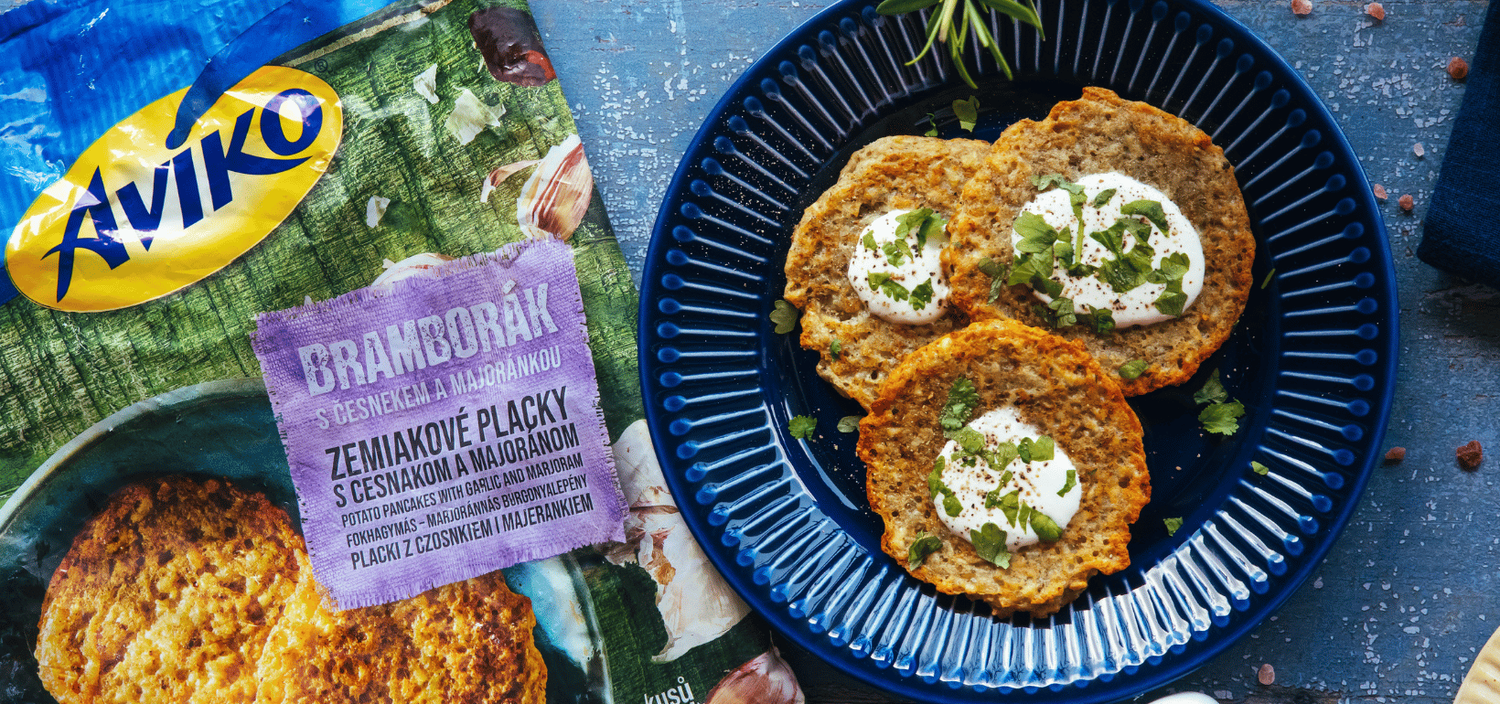 Herby pancakes with garlic, whipped feta and parsley