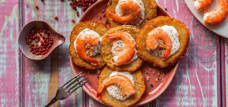 Potato pancakes with garlic sauce and shrimp