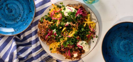 Skinny Fries with pulled turkey, pickled red onion and sour cream