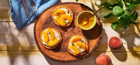 AVIKO Potato Pancakes with cream cheese, honey, thyme and peaches