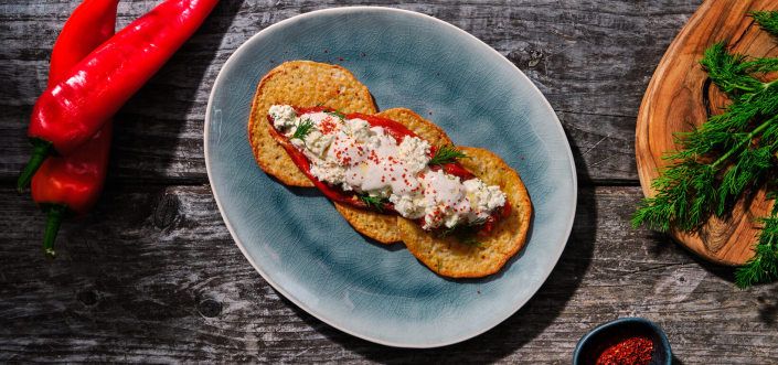 AVIKO Potato pancakes with grilled stuffed red peppers with feta cheese and cream sauce