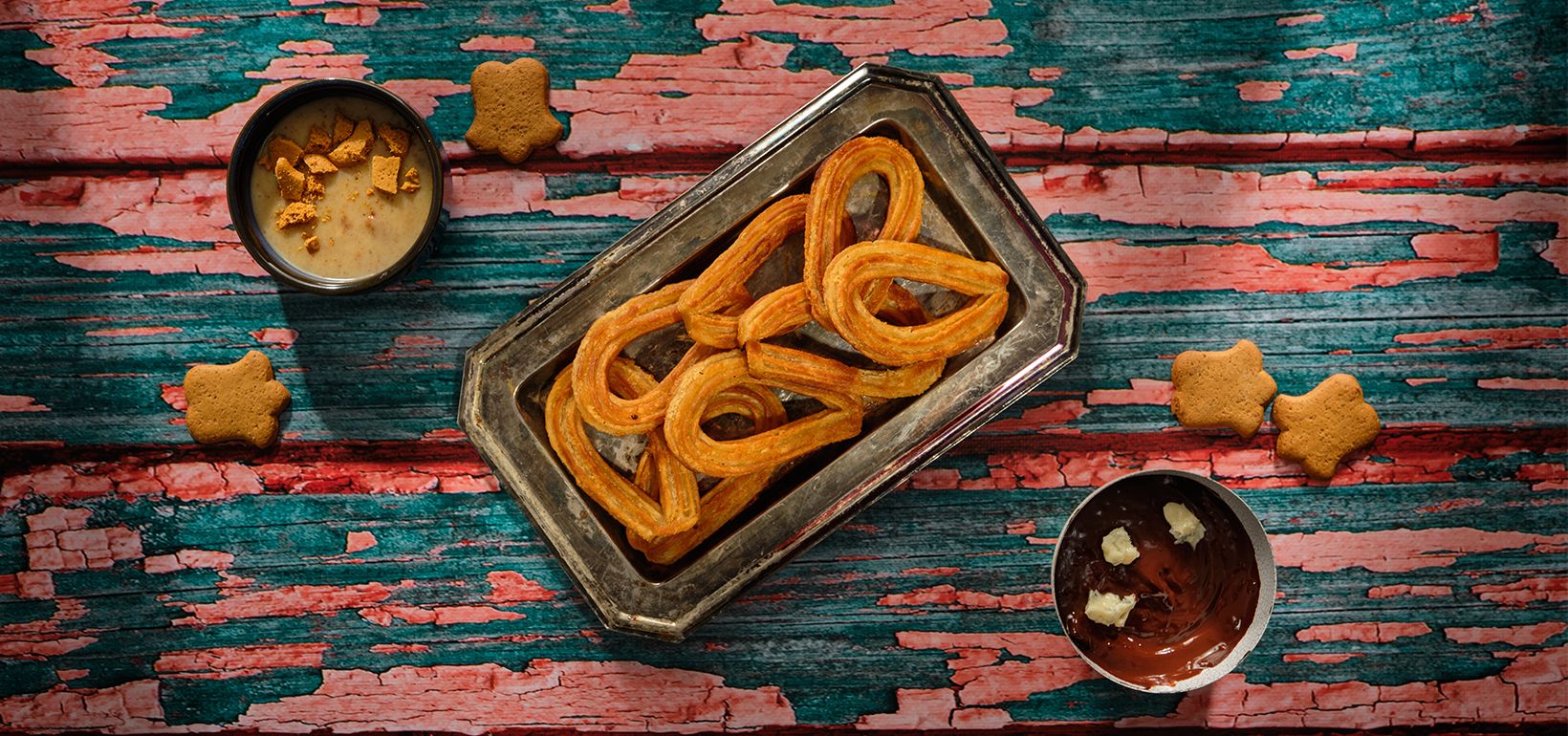 AVIKO Churros with gingerbread sauce and dark chocolate and blue cheese sauce