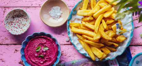 Homemade Mama's Fries with pink beetroot dip