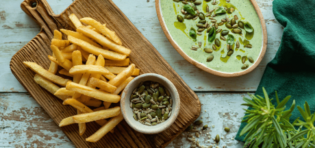 Classic straight-cut fries with whipped basil feta dip