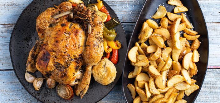Crispy chicken with roasted vegetables and rosemary served with AVIKO Pati Parts Garlic