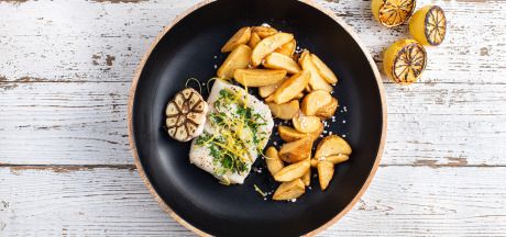 Cod baked with herbs, butter and lemon zest served with Pati Parts