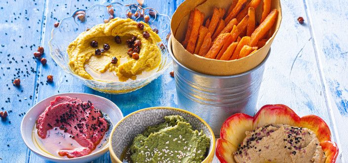 AVIKO Sweet potato fries with colorful hummus