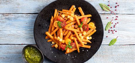 AVIKO Sweet potato fries with cheddar cheese, cherry tomatoes and pesto