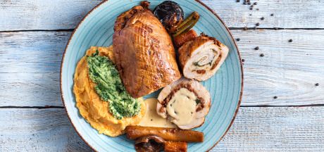 Sunday roast - turkey breast stuffed with spinach, onion, sun-dried tomatoes and omelette served with cheese sauce and AVIKO Purée with carrot