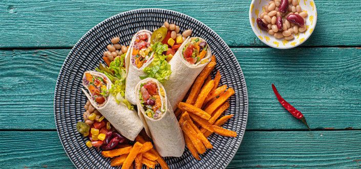 Burrito with bean and coriander cream served with AVIKO Sweet potato fries