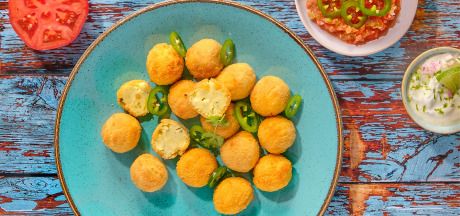 AVIKO Jalapeño Balls with tomato salsa and yogurt-lime sauce