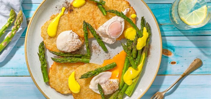 AVIKO Potato pancakes with poached egg, asparagus and hollandaise sauce